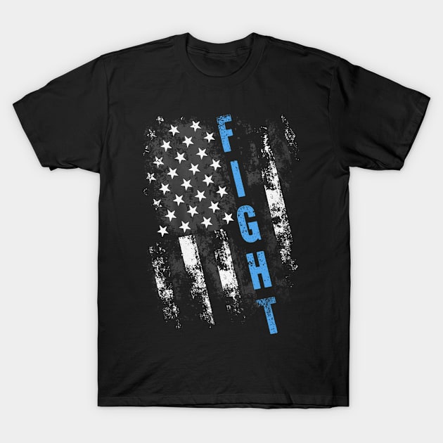 Flag American Fight Trisomy 18 Awareness Light Blue Ribbon Warrior T-Shirt by celsaclaudio506